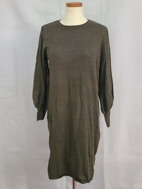 H Halston S Olive Green Crew Neck Puff Sleeve Minimalist Neutral Sweater Dress